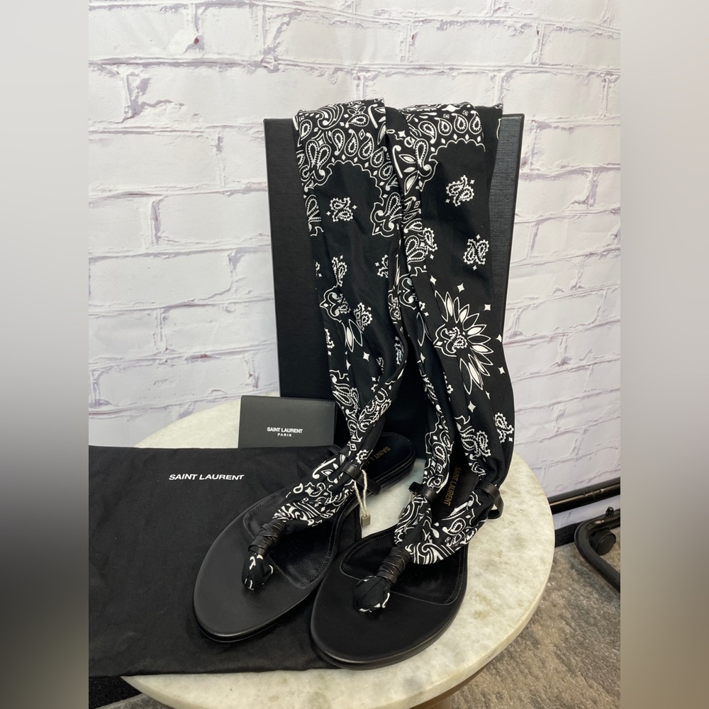 Saint Laurent Black Leather Sandals with Bandana Wrap